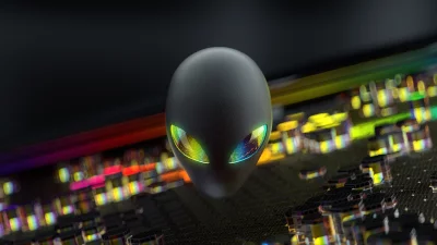 Stylized Alien Head with Glowing Rainbow Eyes on Futuristic Tech Background image