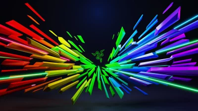 Dynamic Razer Logo with Radiant Rainbow Light Explosion and Geometric Shapes image