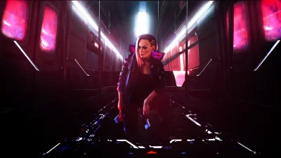 Cyberpunk Woman Crouching in Neon-Lit Subway with Glowing Implants image