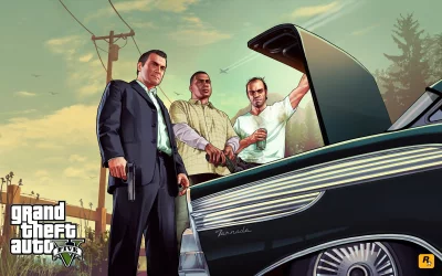 Iconic Grand Theft Auto V Characters with Classic Car and Weapons image