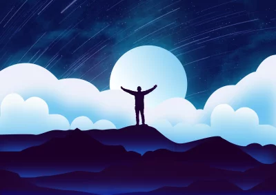 Person Reaching for Luminous Moon on Mountain Under Starry Sky image