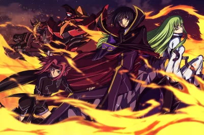 Code Geass Protagonists Lelouch, C.C., Kallen, and Knightmares in Fiery Anime Battle image
