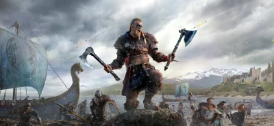 Fierce Viking Warrior Leading Coastal Invasion with Axes and Longships image