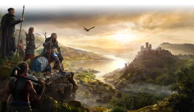 Viking Warriors Overlooking a Medieval Kingdom at Golden Sunrise image