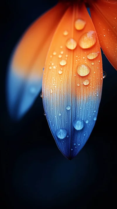 Macro Shot of Orange and Blue Flower Petal with Water Droplets