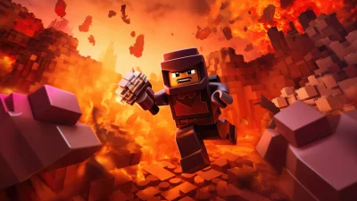 Blocky Adventurer Battles Amidst Fiery Destruction in a Lava-Filled, Pixelated World image