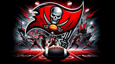 Dynamic American Football Players in Action with Buccaneers Flag and Stadium Lights image