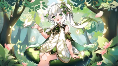 Fantasy Anime Girl Nahida Smiling in Magical Forest with Glowing Butterflies Wallpaper image