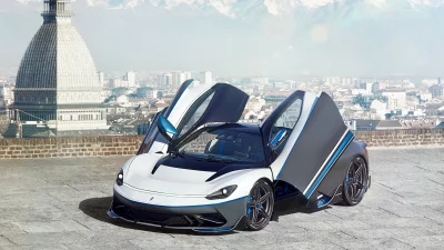 Pininfarina Battista White Sports Car with Open Doors, Cityscape, Mountains, Cinematic Wallpaper Style image