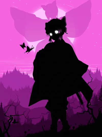 Ethereal Anime Silhouette with Glowing Eyes, Katana, and Butterflies in Mystical Pink Forest image
