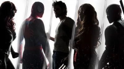 Epic Marvel Superhero Lineup Silhouettes Against Bright White Background with Sparks image