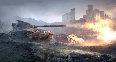 Armored tanks engage in fierce battle near an old castle under stormy skies image