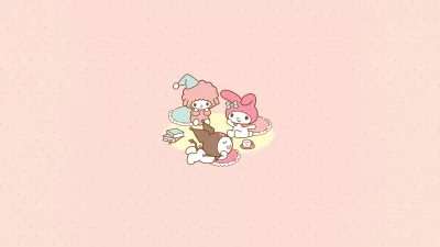 Cute My Melody and friends relaxing on dreamy pink clouds with books and tea image