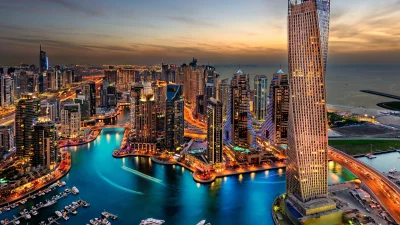 Stunning Aerial Panorama of Illuminated Dubai Marina Skyline at Twilight image