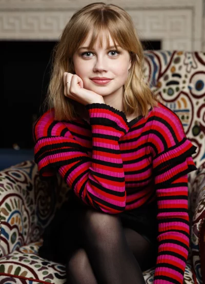 Young Blonde Woman in Striped Sweater Posing Thoughtfully on Patterned Armchair image