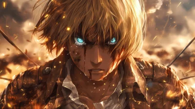 Armin Arlert's Intense Stare in Fiery Battle with Glowing Blue Eyes image