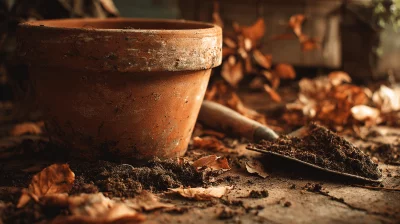 Terracotta Pot, Soil, Shovel, and Autumn Leaves on Wooden Surface