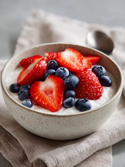 Healthy Yogurt Bowl Topped with Fresh Strawberries and Blueberries