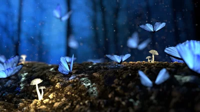 Enchanted Forest Scene with Blue Butterflies and Glowing Mushrooms at Night image