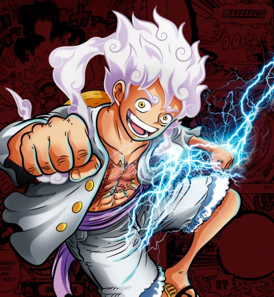 Dynamic Monkey D Luffy Gear 5 Form with Blue Lightning on Red Manga Background image