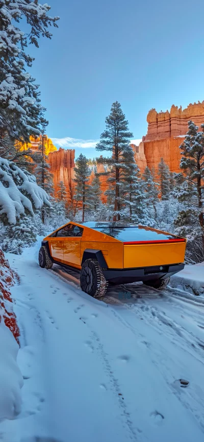 Orange Cybertruck drives through snowy forest with canyon backdrop