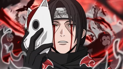 Itachi Uchiha Revealing Sharingan Eyes Anime Illustration with Akatsuki Mask and Crows image