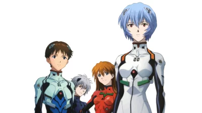 Iconic Neon Genesis Evangelion Anime Characters Posing in Pilot Plugsuits image