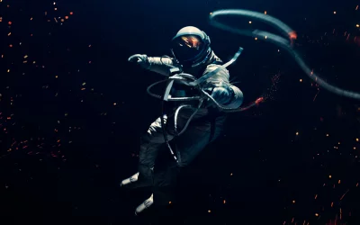 Cinematic Astronaut Floating in Dark Space with Fiery Debris Sci-Fi Wallpaper image