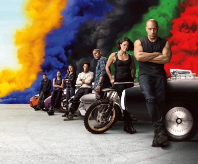 Diverse action heroes and their powerful vehicles amidst dramatic colored smoke image