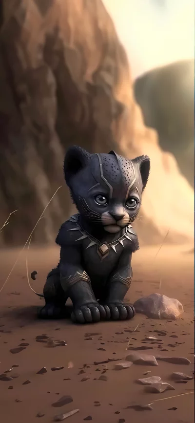 Adorable Fantasy Black Panther Cub in Ornate Tribal Warrior Attire image