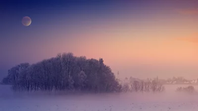 Mystical Winter Dawn: Moonlit Sky Over Misty Frosted Trees and Distant Church image