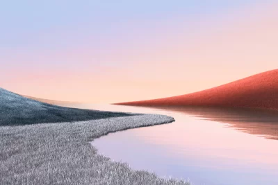 Serene Pastel Landscape with Reflective Water and Abstract Textured Hills image