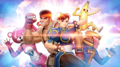 Street Fighter Fortnite Crossover Characters Showcase Dynamic Power on Vibrant Background image