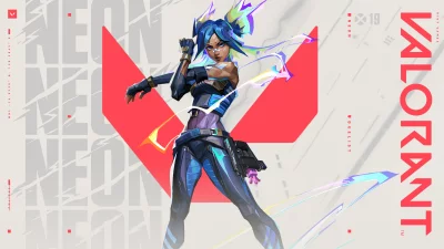 Dynamic Neon Valorant Agent Posing with Electric Energy in Futuristic Sci-Fi Gaming Scene image