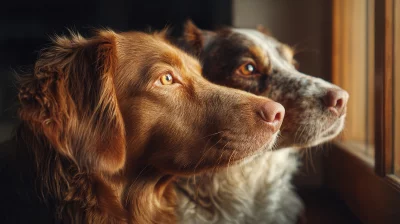 Two Loyal Dogs Watchfully Observing Outdoors from Home Window