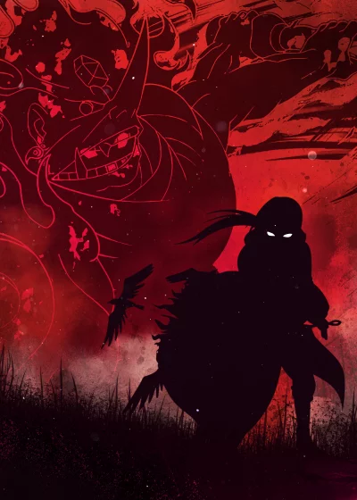 Shadowy Warrior and Fiery Demonic Spirit with Crows in Red Grunge Art image