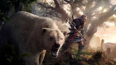 Viking Warrior and White Bear Companion in Mystical Sunlit Forest Adventure image