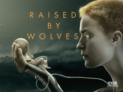 Raised By Wolves Sci-Fi Android Mother Nurturing Glowing Infant on Dystopian Planet Poster image