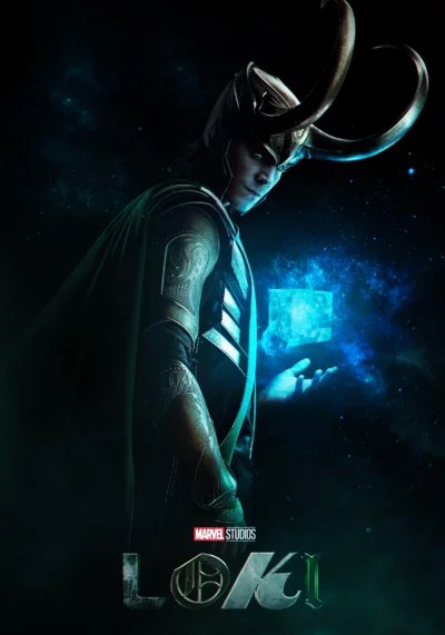 Enigmatic Loki with Horned Helmet and Glowing Tesseract Marvel Studios Character image