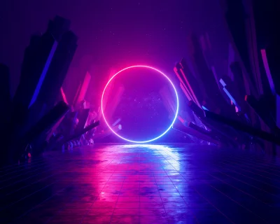 Vibrant Neon Glowing Circle in Sci-Fi Cyberpunk Crystal Landscape with Reflections image