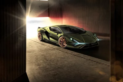 Green Lamborghini Sian luxury sports car emerging from a dark garage image