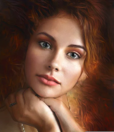 Striking Portrait of a Red-Haired Woman with Intense Green Eyes and Elegant Pose image