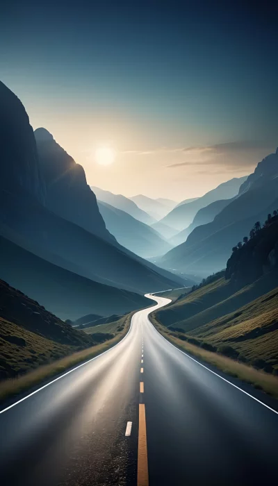 Scenic mountain valley road at sunrise with sunrays