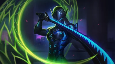 Genji Overwatch Cybernetic Warrior Wielding Glowing Katana with Vibrant Energy Effect image