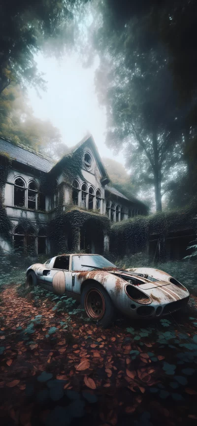 Abandoned vintage race car overgrown by nature near dilapidated mansion