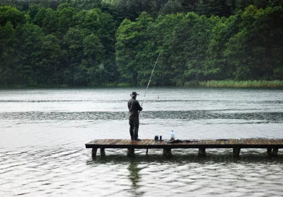 Solitary Fisherman on Wooden Pier in Rain by Lush Forest Lake image