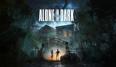 Alone in the Dark: Eerie Mansion under Stormy Eldritch Sky with Mysterious Figures and Vintage Car image