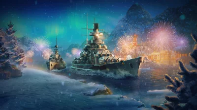 Majestic Warships Sail Through Icy Waters Under a Dazzling Winter Firework Display image