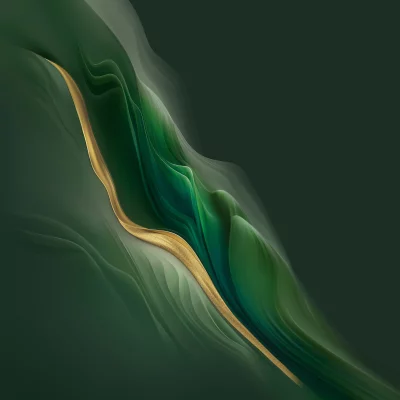 Abstract flowing green and gold waves on a dark green background