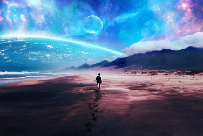 Lone Traveler Explores Vast Alien Beach Under Cosmic Starry Sky image